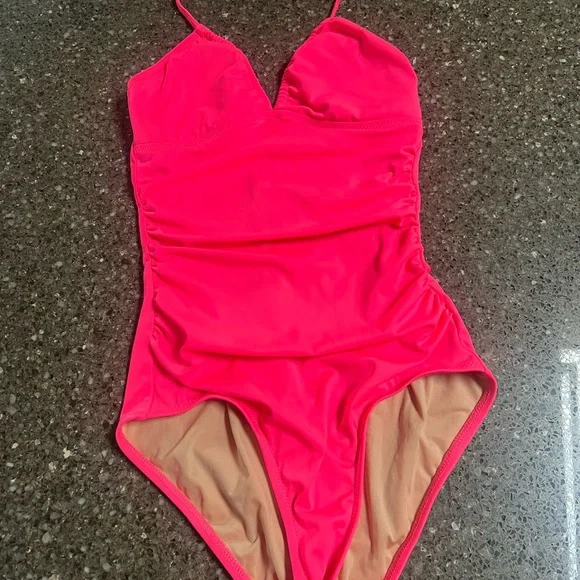 J. Crew Hot Pink One-Piece Swimsuit Ruched Sides Size 0 Vibrant Plunge Swimming - Picture 1 of 8